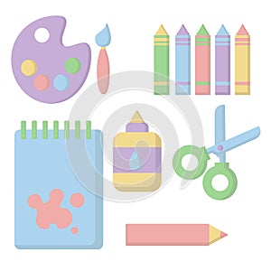 Materials for kid`s creativity in flat style. paints and a brush, scissors, notebook, pencil, glue, crayons. Vector illustration