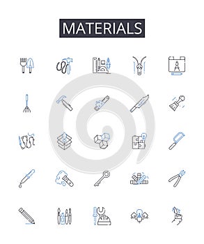 Materials line icons collection. Comestibles, Ingredients, Elements, Compnts, Resources, Substances, Stuff vector and