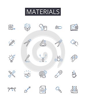 Materials line icons collection. Comestibles, Ingredients, Elements, Compnts, Resources, Substances, Stuff vector and