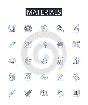Materials line icons collection. Comestibles, Ingredients, Elements, Compnts, Resources, Substances, Stuff vector and