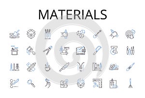 Materials line icons collection. Comestibles, Ingredients, Elements, Compnts, Resources, Substances, Stuff vector and