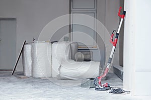 Materials and tools in apartment during repair. Home renovation