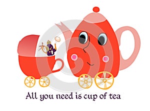 Maternal child cute cartoon poster card with teapot-mother, kettle-baby and cup-stroller