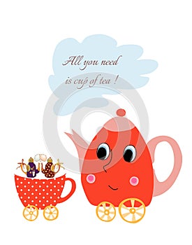 Maternal child cute cartoon poster card with teapots-children and cup-stroller