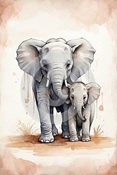 Maternal Comfort: Hand-Drawn Elephant Mother and Baby in Soft Beige