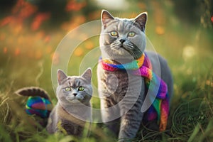 maternal love between two british shorthair cats, a mother and her kitten, who proudly wear lgtbi flags on their necks, Generative