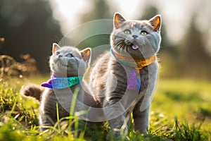 maternal love between two british shorthair cats, a mother and her kitten, who proudly wear lgtbi flags on their necks, Generative