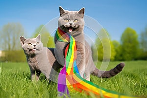 maternal love between two british shorthair cats, a mother and her kitten, who proudly wear lgtbi flags on their necks, Generative