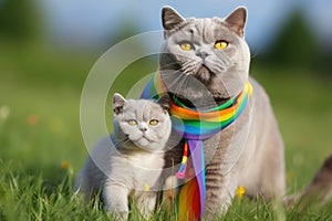 maternal love between two british shorthair cats, a mother and her kitten, who proudly wear lgtbi flags on their necks, Generative