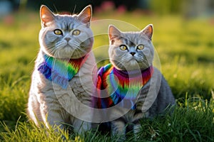 maternal love between two british shorthair cats, a mother and her kitten, who proudly wear lgtbi flags on their necks, Generative