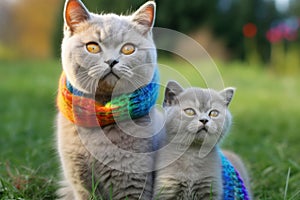 maternal love between two british shorthair cats, a mother and her kitten, who proudly wear lgtbi flags on their necks, Generative