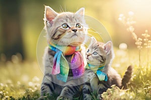 maternal love between two cats, a mother and her kitten, who proudly wear lgtbi flags on their necks, Generative AI