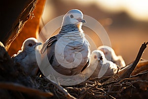 Maternal patience Mother pigeon waits expectantly for her precious offspring