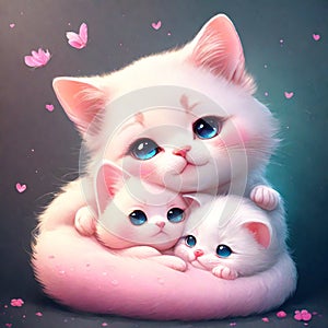 Maternal Warmth: Simple Cat Mom Hugging Her Kittens