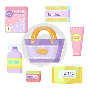 Maternity bag with cosmetics for mom and baby. Packing a hospital bag. Cosmetics for newborn.