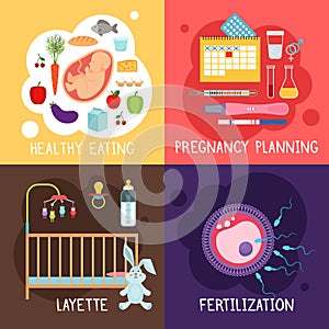 Maternity banners. Pregnancy planning and fertilization, health diet for pregnant women layette vector illustration photo