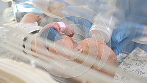 Maternity clinic. Saving life concept. Premature baby in incubator under doctor supervision. Closeup shot of nurse hands