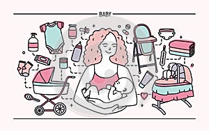 Maternity concept. Horizontal banner with mother and baby, different children s accessories. Line art colorful vector