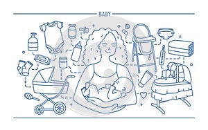 Maternity concept. Horizontal banner with mother and baby, different children s accessories. Line art vector