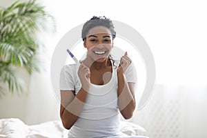 Maternity Concept. Portrait Of Joyful Young Black Woman Holding Positive Pregnancy Test