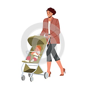 Maternity Concept. Young Mom and Little Baby in Stroller Walk Together. Mother Character Walking With Child in Carriage