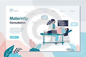 Maternity consultation landing page template. Doctor makes an ultrasound to pregnant woman