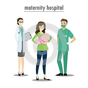 Maternity hospital,Doctor, nurse and woman with a newborn baby