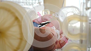 Maternity hospital. Premature baby in incubator under doctor supervision. Closeup shot of nurse hands in blue gloves