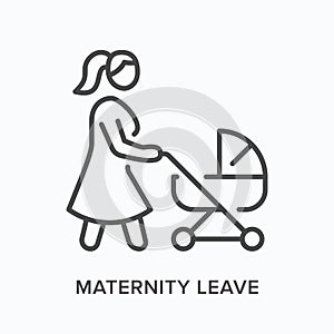 Maternity leave flat line icon. Vector outline illustration of woman with stroller. Black thin linear pictogram for
