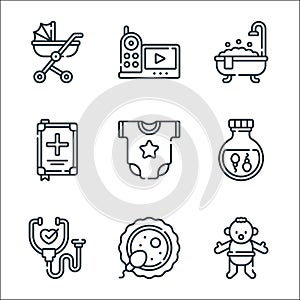 Maternity line icons. linear set. quality vector line set such as baby boy, fertilization, medical check, sperm, onesie, medical