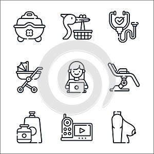 Maternity line icons. linear set. quality vector line set such as breast, baby monitor, baby food, gynecology, working mother,