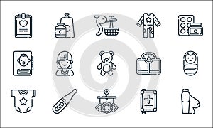 Maternity line icons. linear set. quality vector line set such as breast, crib toy, onesie, medical check, pregnancy test,