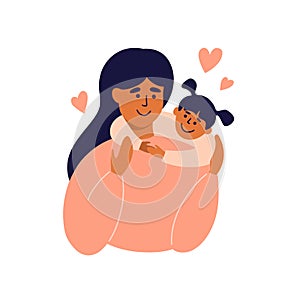 Maternity love, motherhood, childhood, Happy Mother\'s day vector illustration with baby girl hugging mother by neck