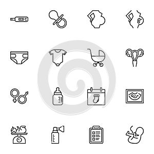 Maternity, motherhood line icons set