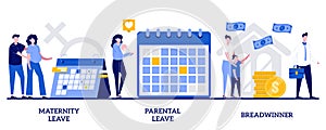 Maternity and parental leave, breadwinner concept with tiny people. Care for children and family vector illustration set. Home