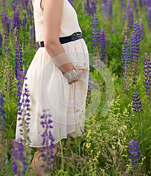 Maternity. Pregnant Woman posing in the meadow field. Image of pregnant woman touching her belly with hands