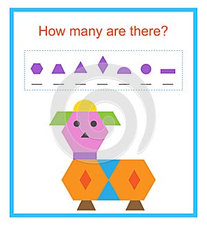 Math activity for children. How many geometric shapes? Developing numeracy skills