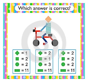 Math activity for children. Preschool worksheet activity. Find the correct answer. Cartoon bicycler