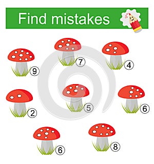 Math activity. Find mistakes. Number range up to 10. Developing numeracy skills.