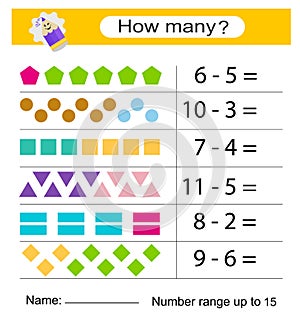 Developing numeracy skills. Math activity for children. Number range up to 15. Vector
