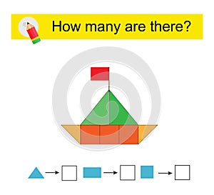 Math activity for kids. How many geometric shapes? Cartoon boat paper