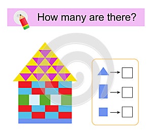 Math activity for kids. How many geometric shapes? Cartoon house