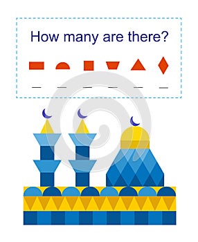 Math activity for kids. How many geometric shapes? Developing numeracy skills. Cartoon mosque photo