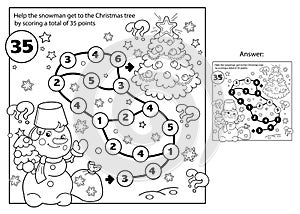 Math addition game. Puzzle for kids. Maze. Coloring Page Outline Of snowman with Christmas tree. New year. Christmas. Coloring