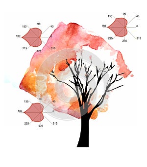 Math as art. Beautiful card with autumn tree and algebraic plots in form of linden leaves