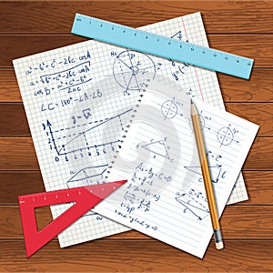 Math background with copybook paper, rulers and pencil