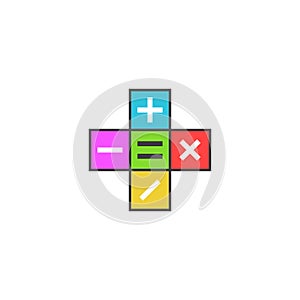 Math calculator logo, Mathematical symbols plus, minus, subtract, multiply, equals icon on the colored tiles, simple modern flat