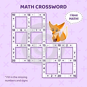 Math Crossword puzzle for children. Addition and subtraction. photo