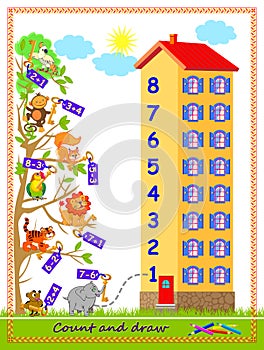 Math education for children on addition and subtraction. On what floor of the house lives every animal? Solve examples and draw