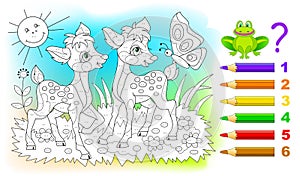 Math education for children. Coloring book. Mathematical exercises on addition and subtraction. Solve examples and paint the deer.